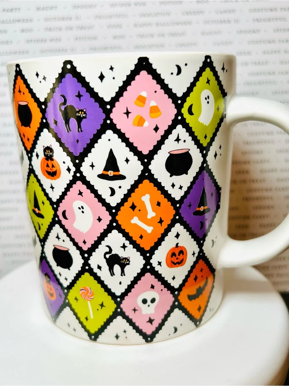 Halloween Diamond Pattern Ceramic Mug  Ghost Cauldron Candy Witch Hat Skull Bat